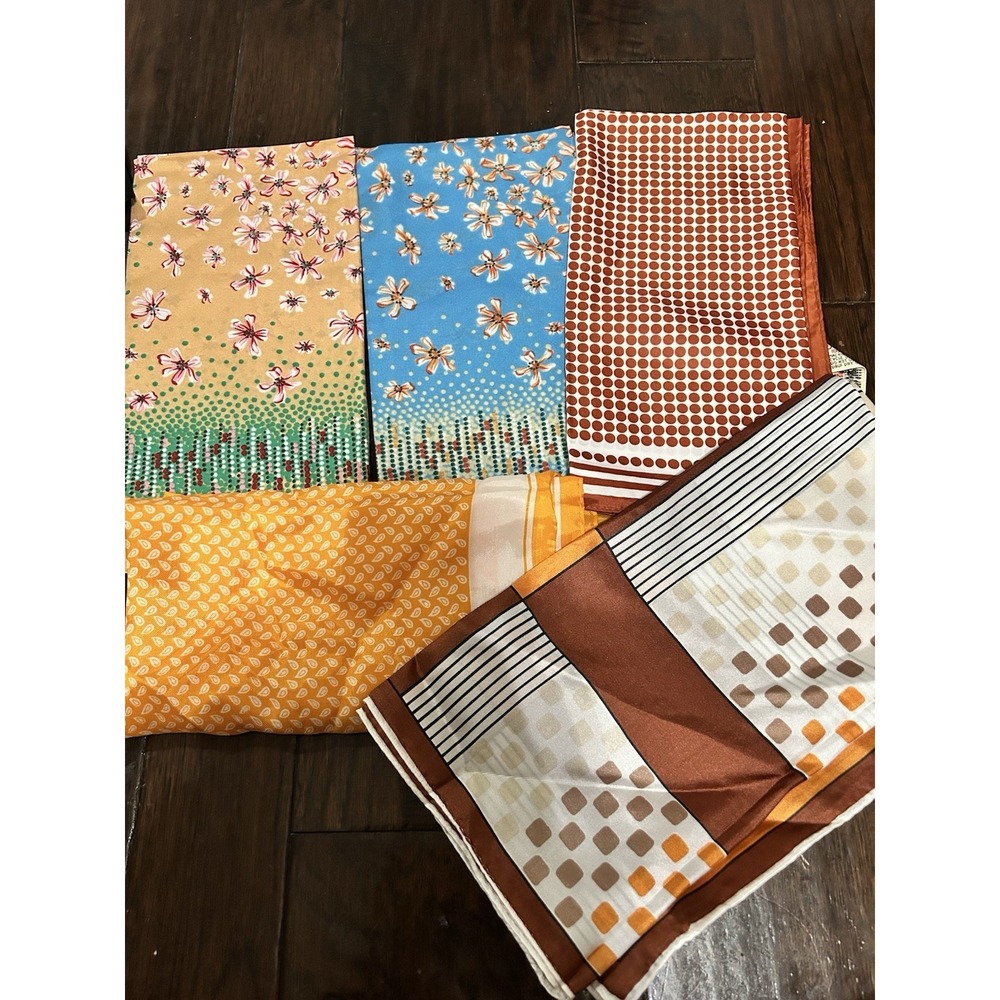 Lot Of 5 Vintage Bandana Scarf Geometric Florals Summer Oranges Brown Blue